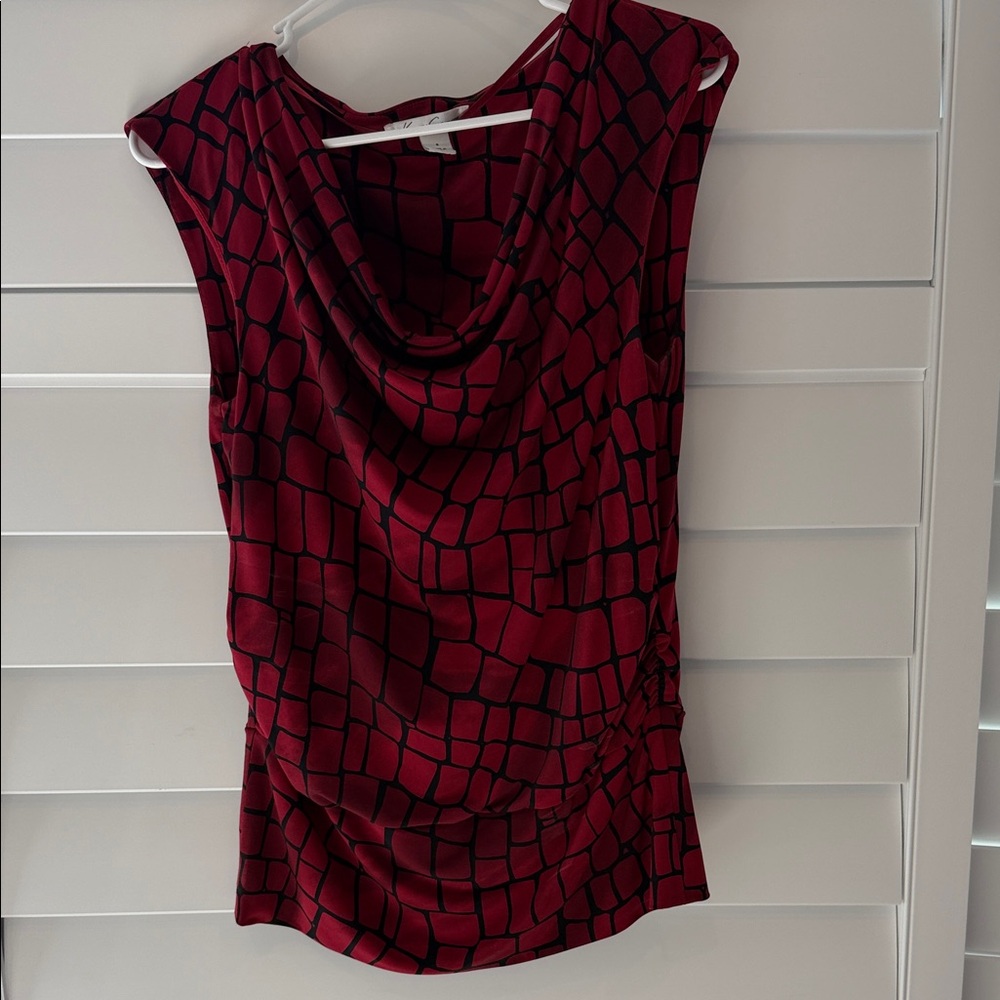 Kenneth Cole New York Red and Black Cowl Neck Blouse